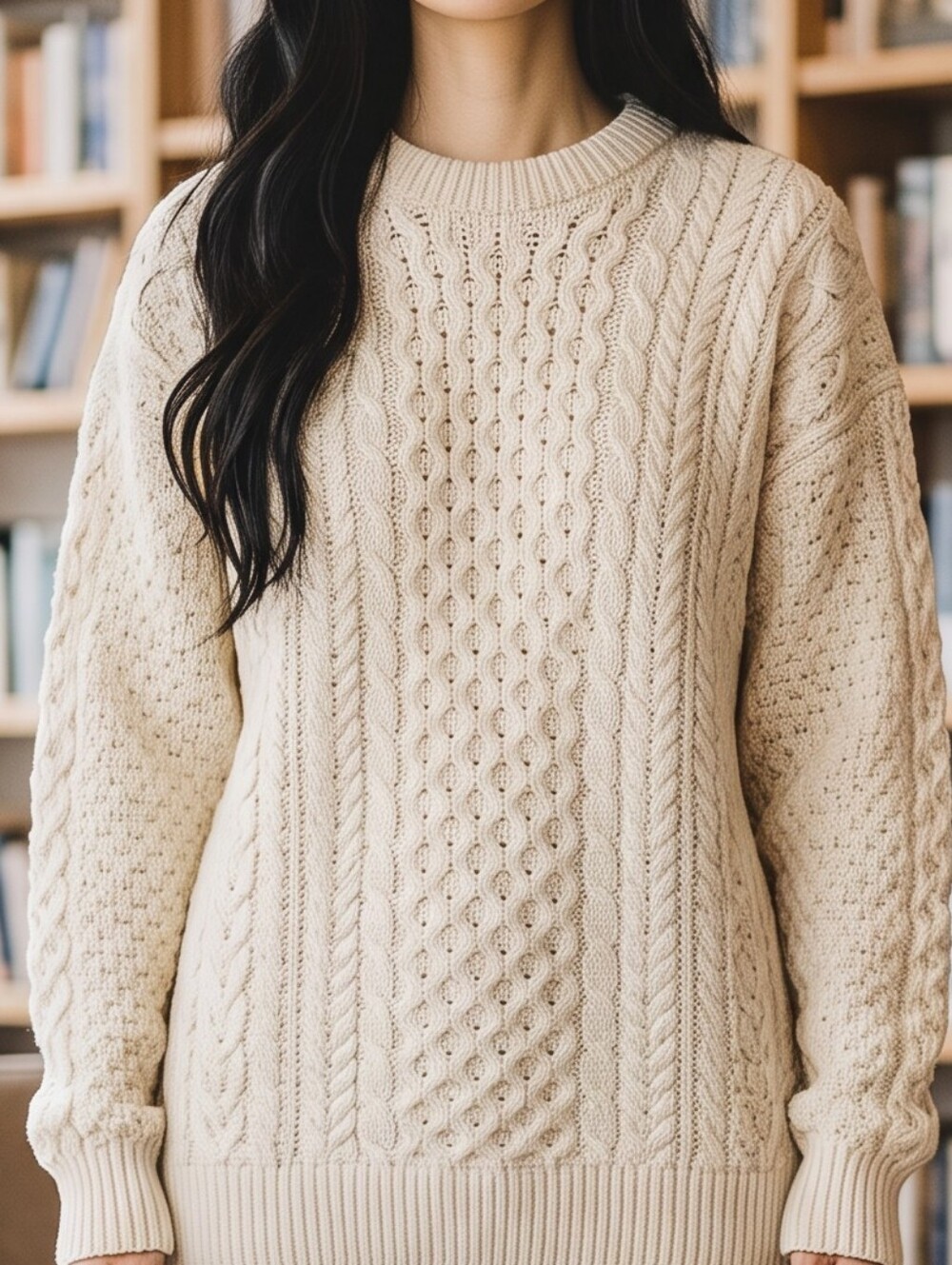 The Irish Store Traditional Crew Neck Aran 100% Merino Ivory Sweater...Size XL